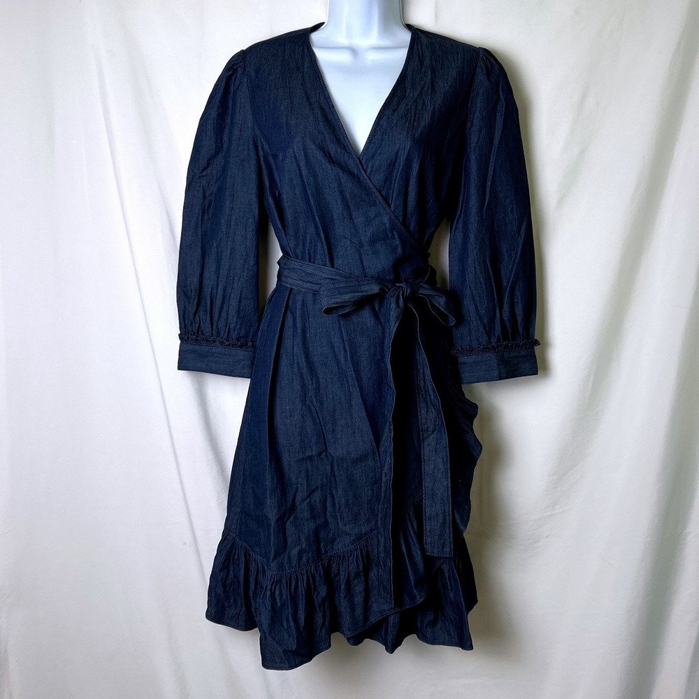 Draper James Womens Ruffle Flounce Denim Wrap Dress Size 6 Blue Cottagecore